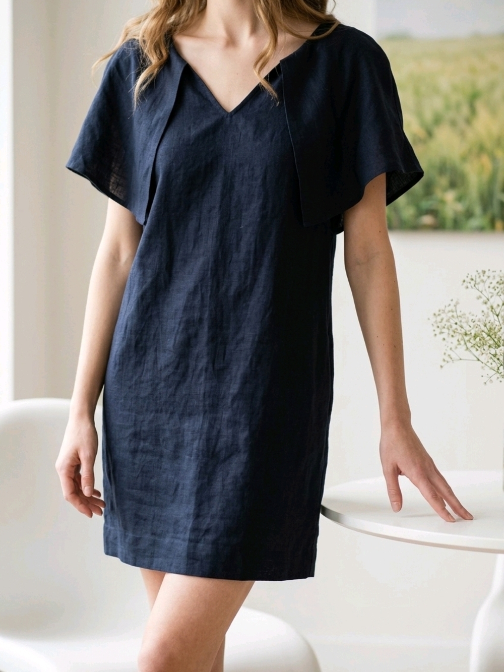 NWT Karen Walker Womens Navy Linen V-Neck Ruffle Short Sleeve Shift Dress Size 2